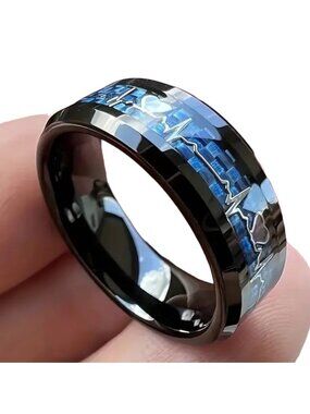 Men's Heartbeat Pattern Stainless Steel Ring 8mm Carbon Fiber Inlaid NWT sz 10